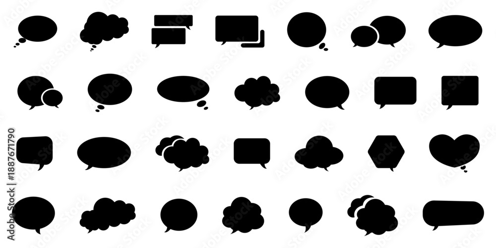 Naklejka premium Collection of blank black speech bubbles and thought bubbles in various shapes. dialog clouds, text boxes, message balloons, communication elements, graphic asset.