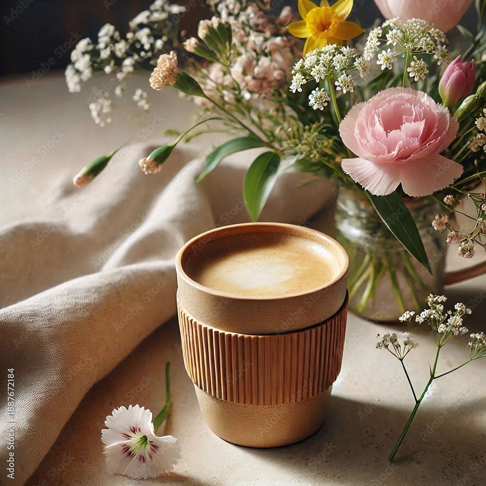 custom made wallpaper toronto digitalCoffee cup with latte art next to fresh flowers on a table with fabric cloth in a cozy setting in the morning. Generative AI