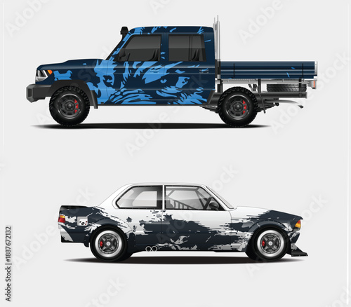 Stylized vehicle designs featuring vibrant graphic patterns