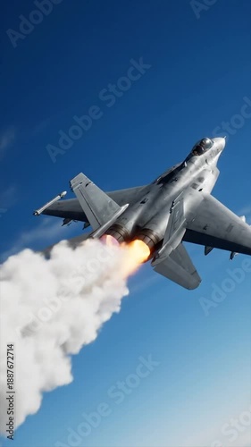 F-15 Fighter Jet Afterburner Takeoff. Military Jet High-Speed Low Angle Shot. Powerful Aircraft Afterburner Ignition in Flight.