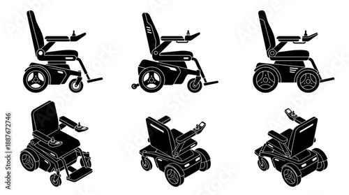 Collection of Six Black and White Electric Wheelchair Icons.