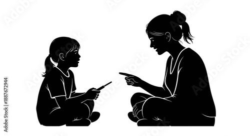 Mother teaching daughter with a pointer stick silhouette.