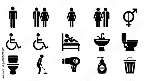 Collection of restroom and bathroom icons symbols and signs.