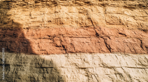 bedrock. Geological rock layers exposed in a quarry wall, textured stone patterns in earth tones. event key visuals, club posters, designed for fitness apps and gym onboarding.
