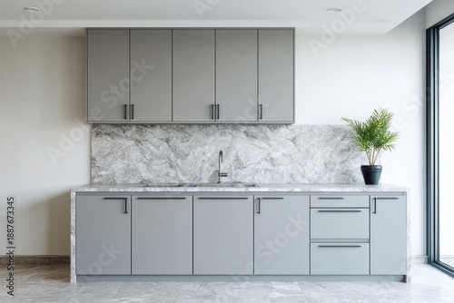Modern gray kitchen with marble backsplash and plant.