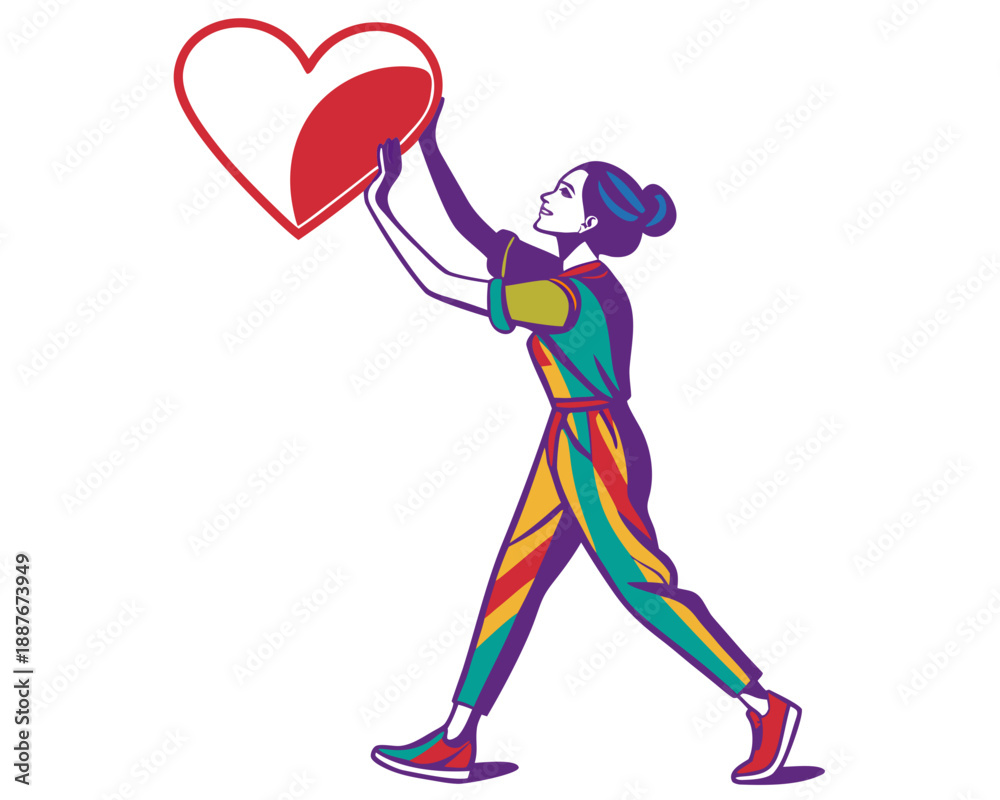 Fototapeta premium Empowered Woman Holding Heart Silhouette, Love and Humanity Vector Illustration