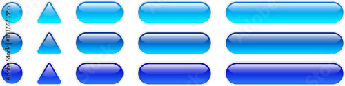 Blue buttons set isolated, shiny glass navigation panel for website.