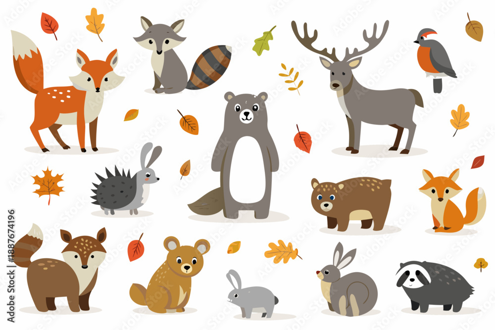 Fototapeta premium Charming autumn forest animals foxes bears deer rabbits and more