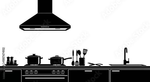 Modern Kitchen Silhouette with Appliances and Utensils.