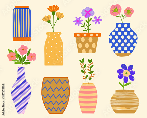 Colorful floral arrangements in patterned vases and pots a delightful illustration