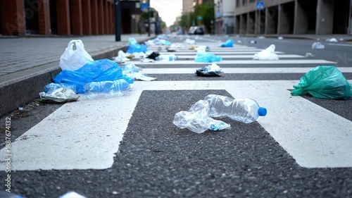 Discarded Plastic Waste on City Crosswalk.