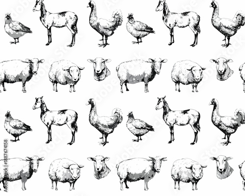 Vintage style pattern featuring farm animals like sheep goats and fowl