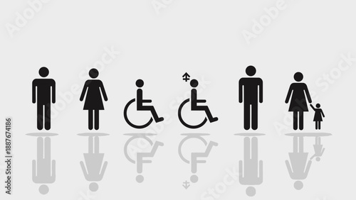 Accessible Restroom Symbols for Men Women Children and Disabled Individuals.