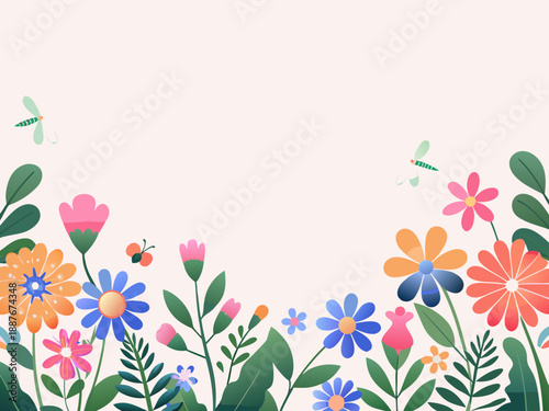 Floral arrangement with colorful flowers leaves and insects on a light background