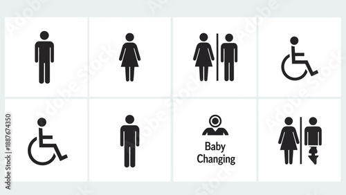 Collection of restroom signs for men women disabled and baby changing.