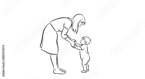 Mother Helping Baby Take First Steps Line Drawing.