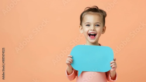A joyful child hides behind a speech bubble, expressing happiness and creativity in a vibrant setting.