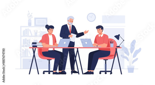 A business meeting in progress with three professionals discussing around a table in a modern office environment from a slightly elevated viewpoint.