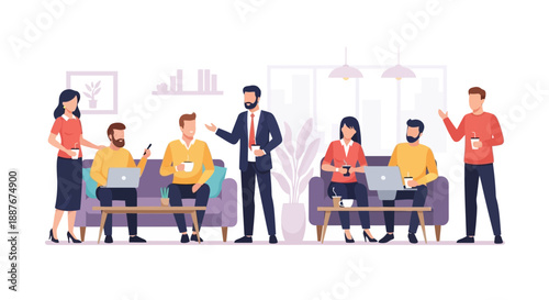 A group of people interacting in a modern office setting with laptops and furniture