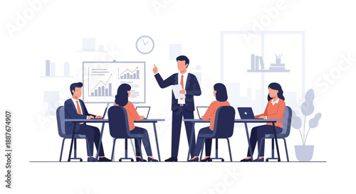 Business professionals engaged in a meeting with a presenter standing and explaining data on a presentation screen in a modern office environment