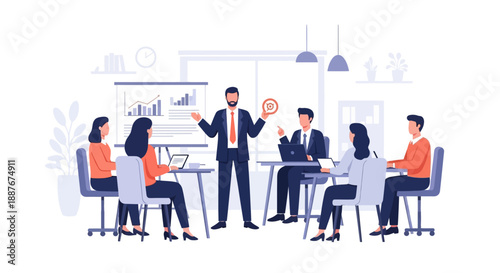 Business professionals engaged in a meeting discussion around a table with a presenter standing and addressing the team