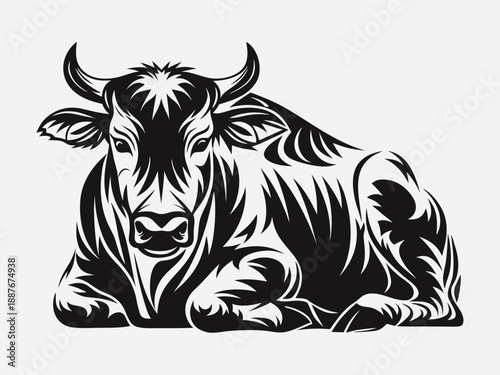 Stylized black and white illustration of a majestic bull resting peacefully