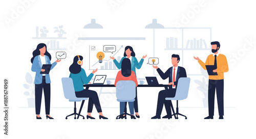 Diverse team collaborating in modern office setting with laptops and ideas being shared