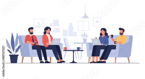 Three individuals sitting on couches in a modern waiting room with a cityscape background, engaged in various activities from a third-person viewpoint