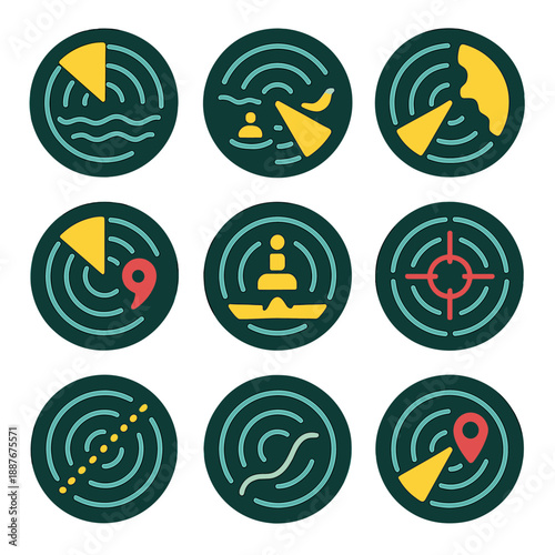 Colorful navigational radar icons featuring boats, waves, and targets