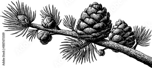 Vintage botanical engraving of pine branch with needles and cones for retro design