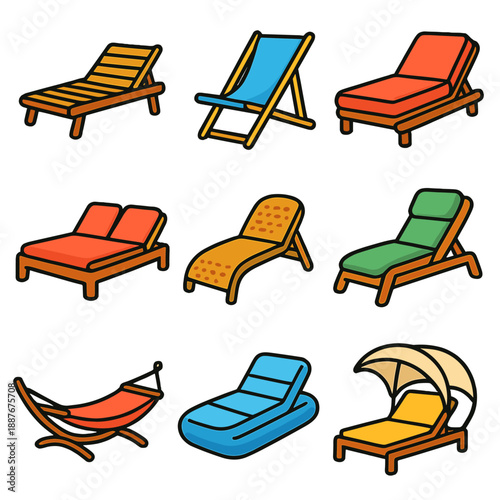Colorful assorted lounge chairs and hammocks on gradient background