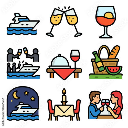 Nautical celebration and dining icons with wine and romance themes
