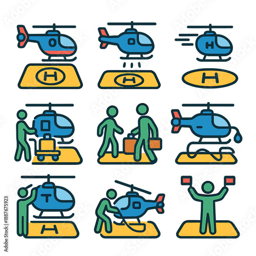 Icon set of helicopter transportation and landing operations