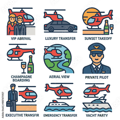 Helicopter travel icons: vip arrival, luxury transfer, sunset takeoff