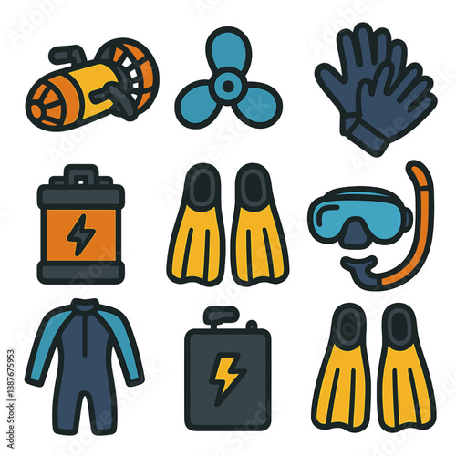 Scuba diving essentials: gear icons featuring flippers, mask, battery, safety