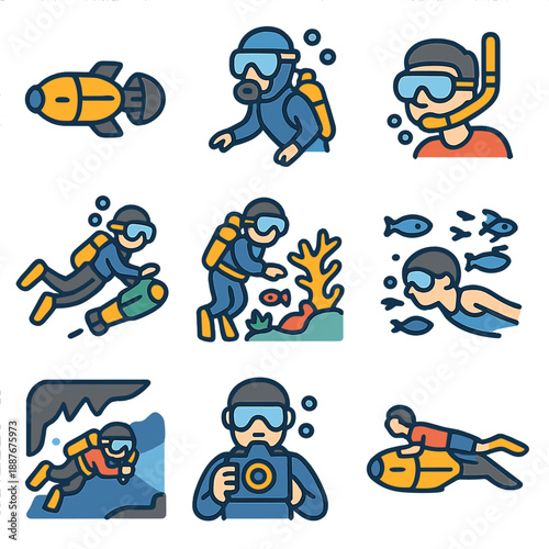 Diverse scuba diving activities with snorkeling and underwater exploration icons