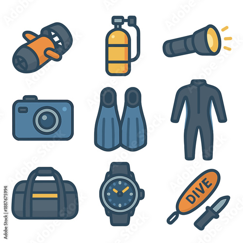 Scuba diving gear icons: camera, flashlight, fins, suit, bag, watch, tank