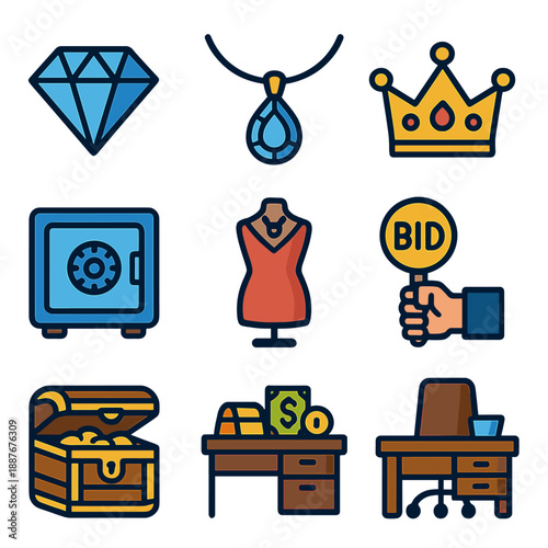 Luxury icons: jewelry, wealth, and auction symbols in modern style