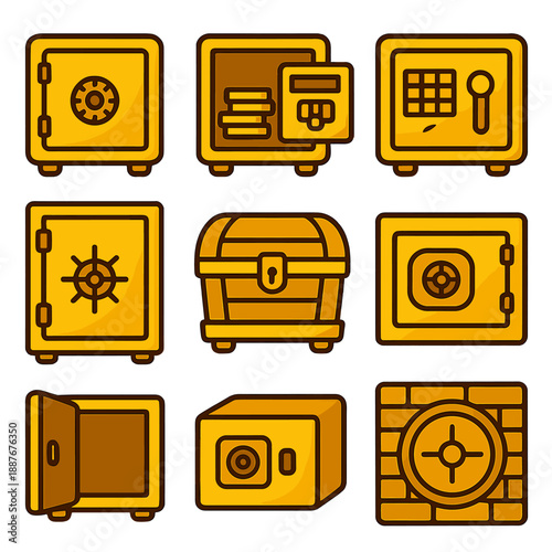 Collection of secure safe icons featuring locks, vaults, and security symbols