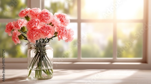 Wallpaper Mural Bright Pink Carnations in Glass Jar on Wooden Table by Window with Soft Natural Light Streaming Through and Blurred Greenery Background Torontodigital.ca
