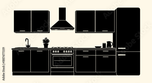 Modern Kitchen Silhouette with Appliances and Cabinets.