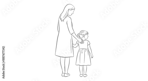 Mother and daughter holding hands walking together simple line drawing.