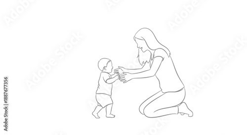 Mother helping baby take first steps line drawing.