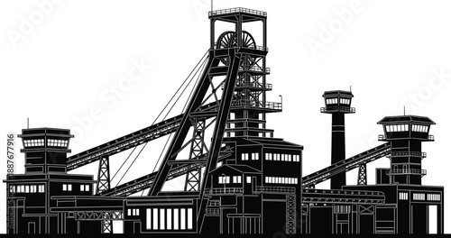 Industrial mining facility silhouette illustration, underground mine headframe with conveyor belts, processing buildings, heavy machinery, energy infrastructure, black vector design