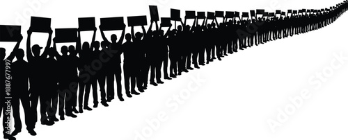 Silhouette of large crowd of protesters holding blank signs and banners, activists marching for social justice, demonstration and public protest