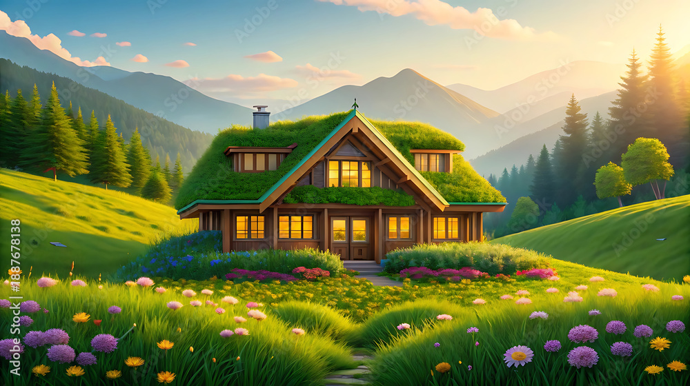Fototapeta premium Green roof cottage nestled in alpine valley with wildflowers