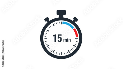 Stopwatch timer icon precisely indicating a fifteen minute duration with blue and red segments on a white background.
