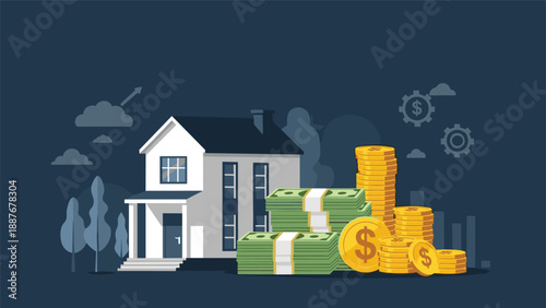 Real estate investment concept featuring a modern house with piles of money and gold coins representing property value.