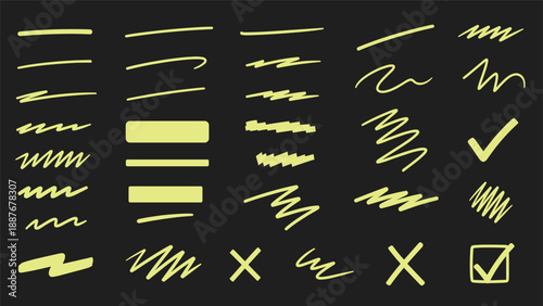 Collection of various yellow highlighter strokes including lines checkmarks and crosses for emphasis on a dark background.