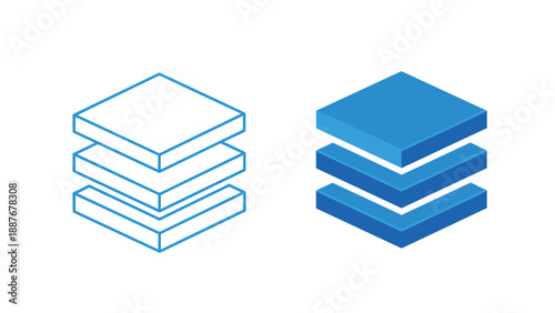 Comparison of outlined and solid blue stacked layer icons representing data structures or design organization levels.